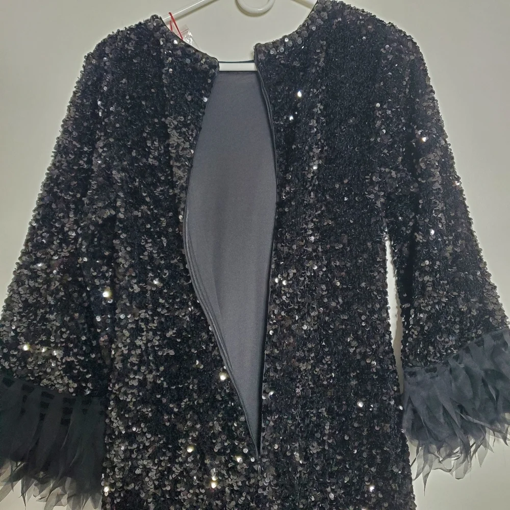 $898 Frances Valentine Regina Sequin Dress Size M Black Designer Wedding Glamour - Picture 14 of 16